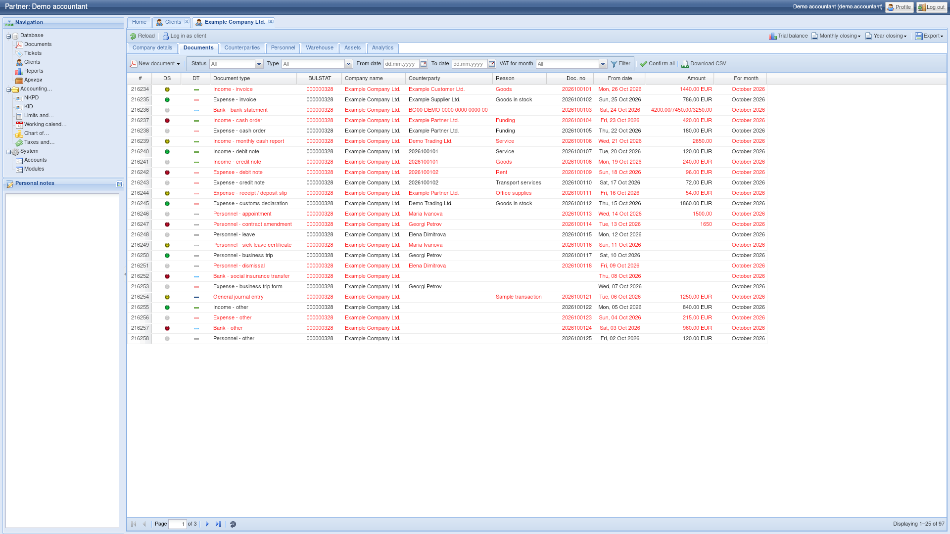 ACP Accounting Panel with sample data